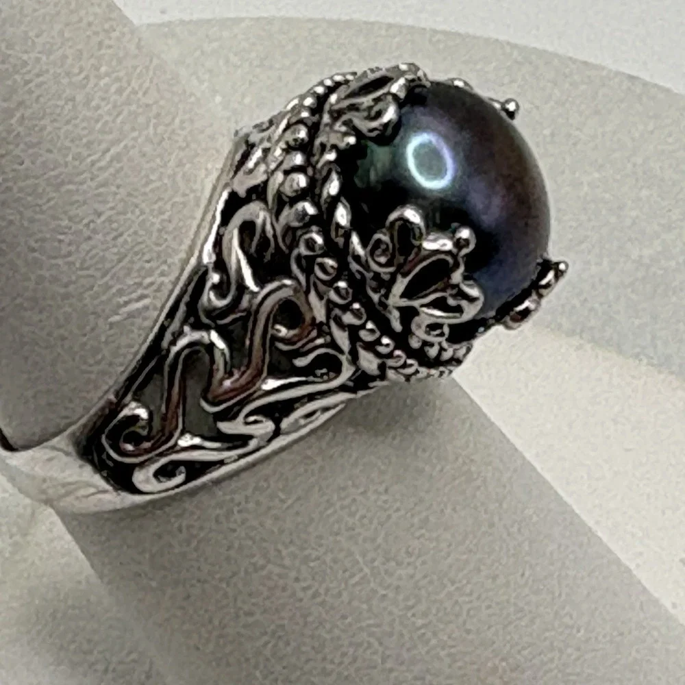 CFJ Sterling Silver Tahitian Pearl Ring 7 Crown Setting Filigree Oil Slick